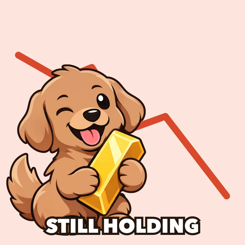 The puppy next to a red chart line going down, still holding its bar