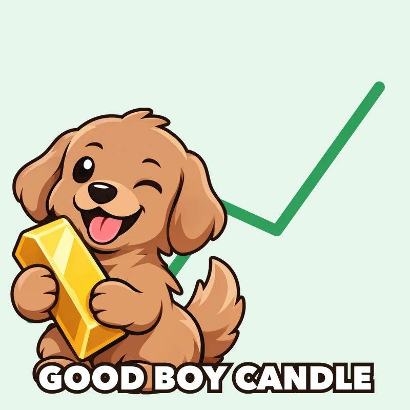 The puppy next to a green chart line going up
