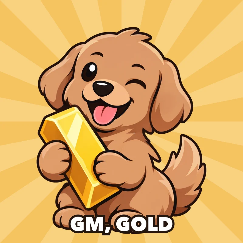 The GOLBI puppy on a sunburst saying GM, gold