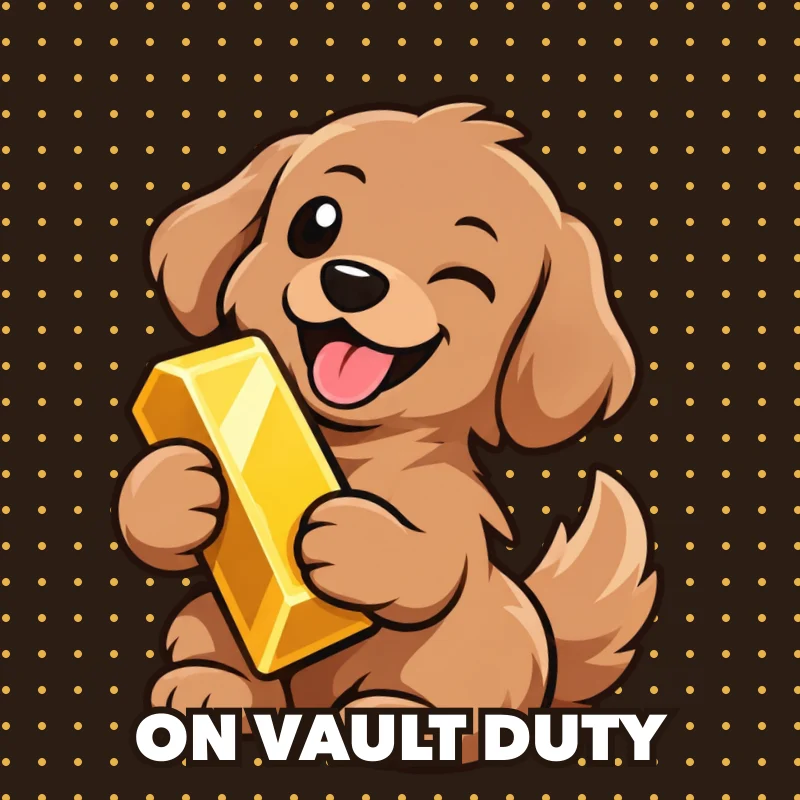 The puppy tilted on a dark dotted background guarding the vault